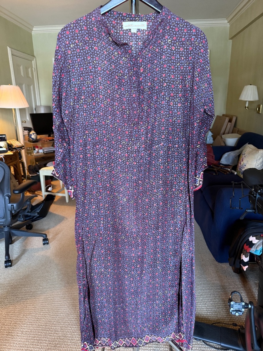 Natalie Martin 100% Silk Hand Printed Caftan Dress Size Large Boho Resort Wear